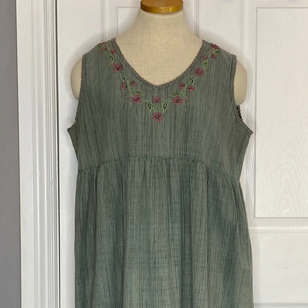 Vintage April Cornell Sage Cotton Embroidered Maxi Dress Cottagecore L - Picture 9 of 15